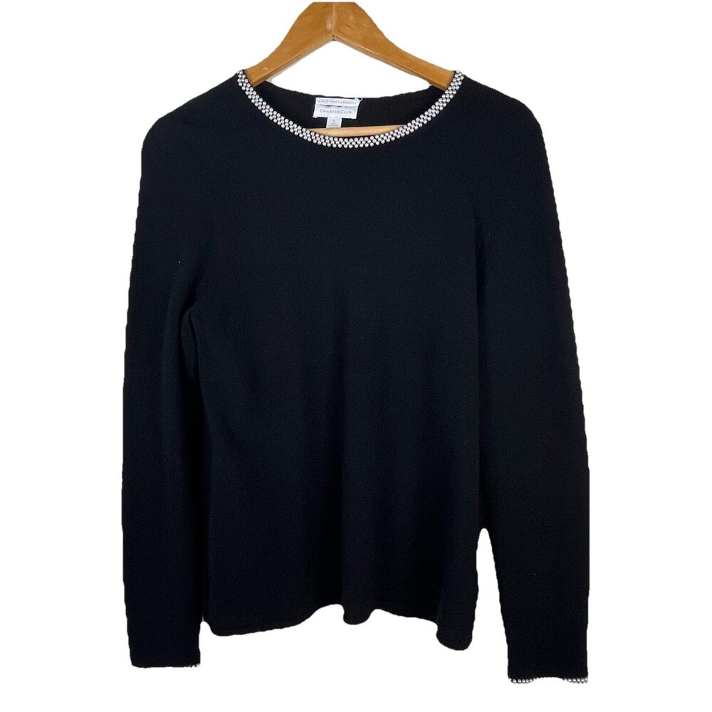 Charter Club 100% Cashmere Sweater Women L Black Pearl Trim Long Sleeve - Picture 2 of 13